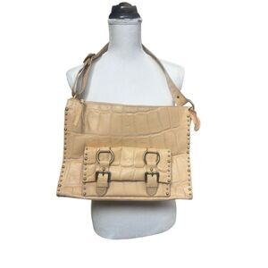 Michael Rome Designs Croco Embossed Leather Studded Shoulder Bag Purse - Beige/N